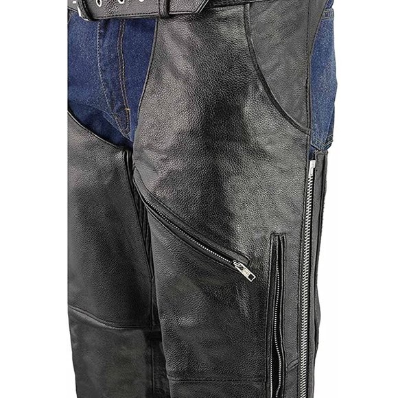 NWT M-Boss Men’s Black Jean Style Vented Leather Chaps Size L Black $150 II206 - Picture 3 of 4